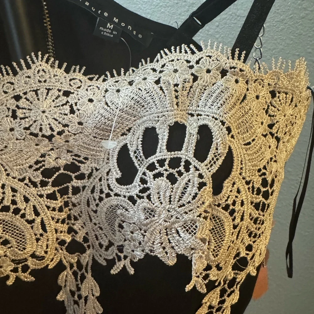 Haute Monde Black and White Lace-Trim Strapless Mini Dress - Picture 4 of 6